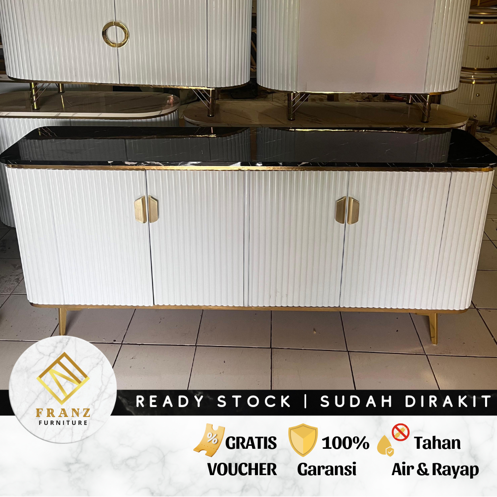 Meja TV Credenza Minimalis Modern 180cm Bufet Lemari TV Putih Duco Marmer Besi Gold