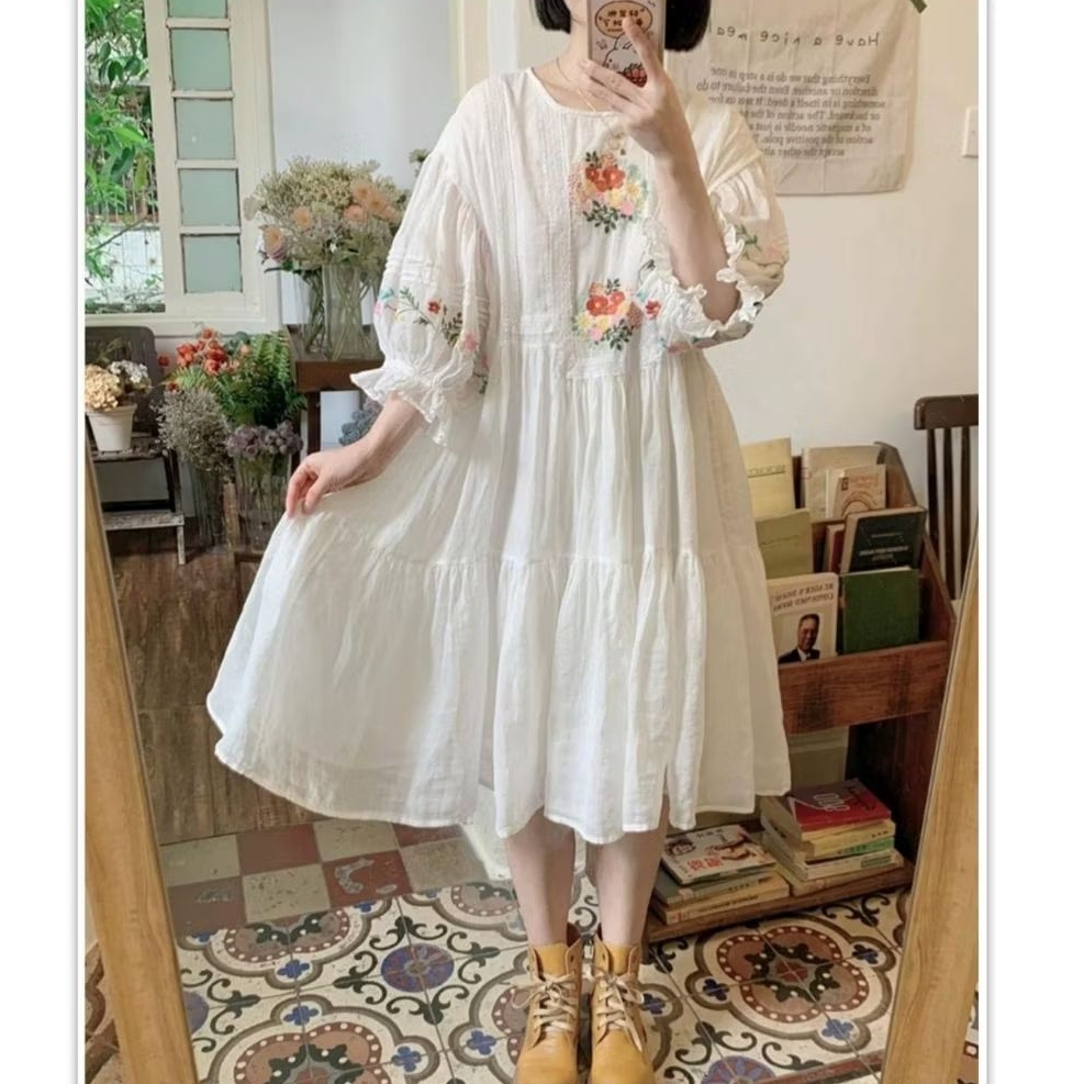 18650 Baju Mididress HIKARI EMBROIDERED COTTON MORIKEY STYLE LOOSE DRESS Bordir putih Korean style W