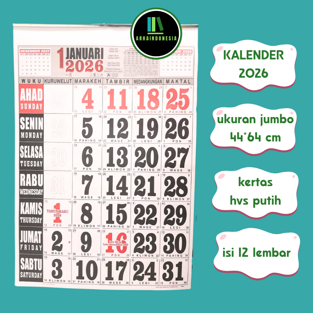 

KALENDER 2026 Kalender dinding JUMBO murah isi 12 lembar dengan klem ukuran besar 44*64 cm