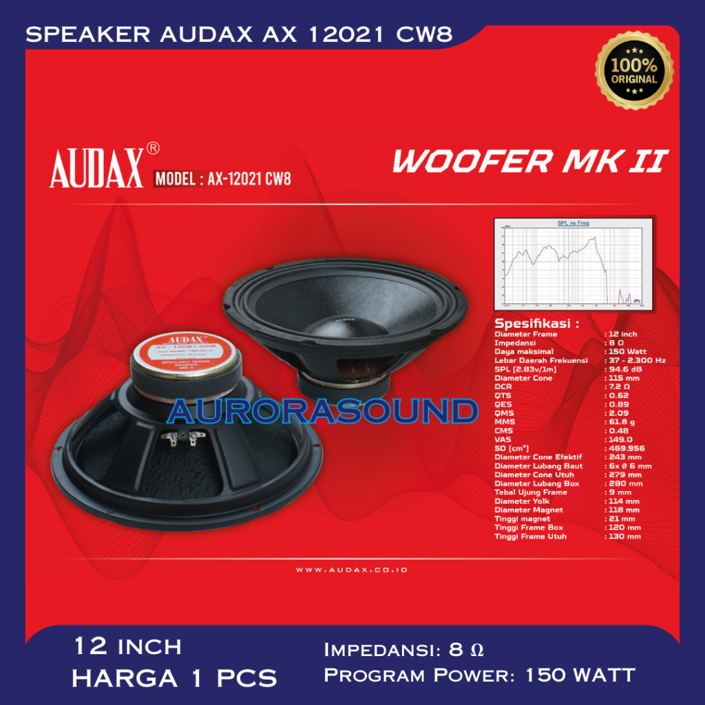 SPEAKER AUDAX AX 12021 CW8 WOOFER 12 IN 150 WATT AX12021CW8 SPOTLIGHT WOOFER MKII AUDAX INDONESIA OR