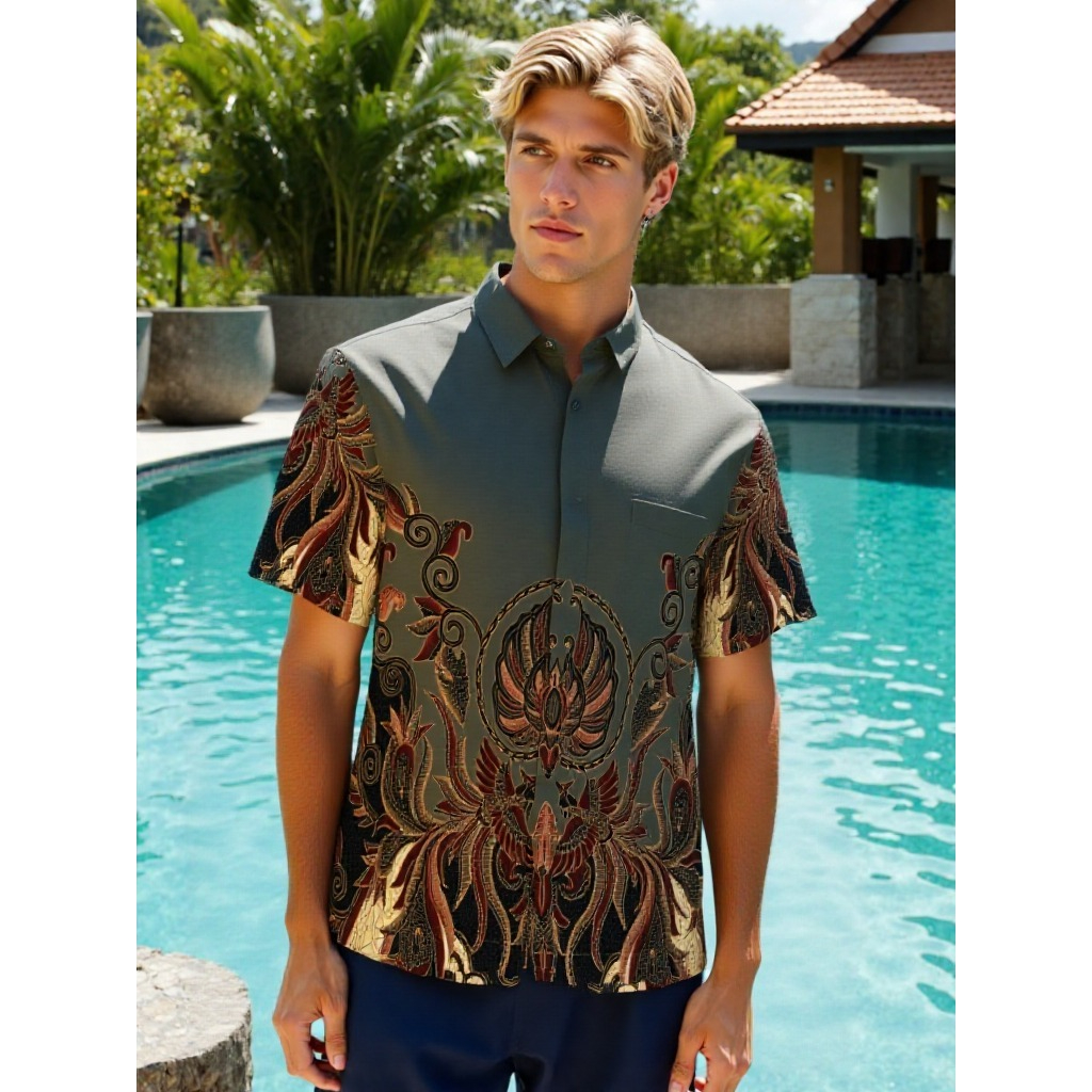 BENHILL Kemeja Pria Batik Pendek Grey A322-366