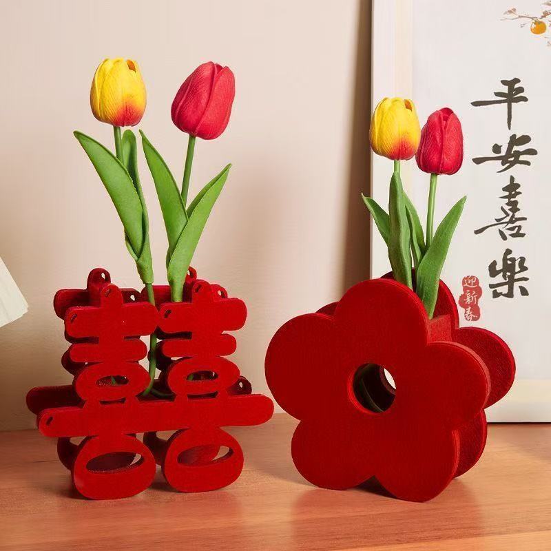 Pajangan Meja Wedding Shuangxi Merah Bunga Tulip / Dekorasi Lemari / Pajangan Pernikahan Chinese Red