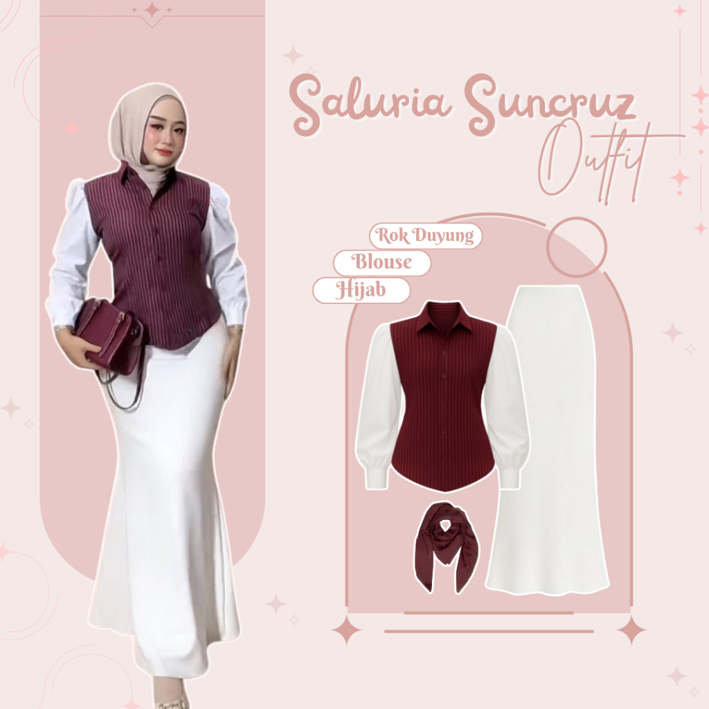 One Set Wanita Kekinian (Atasan Kemeja Suncruz Maroon - Rok Duyung - Hijab Maroon ) Setelan 3IN1 RF2