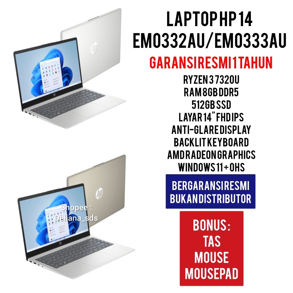 Laptop HP Ryzen 3 7320U 8GB/512GB SSD 14" FHD IPS AntiGlare Display Garansi Resmi 1 Tahun Laptop HP 