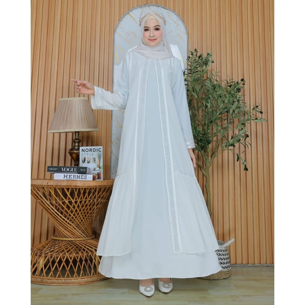 ABAYA RAHMI - Abaya Putih Turkey Safiya Premium Elegan Wolfis Mix Ceruty-Elegance in Purity