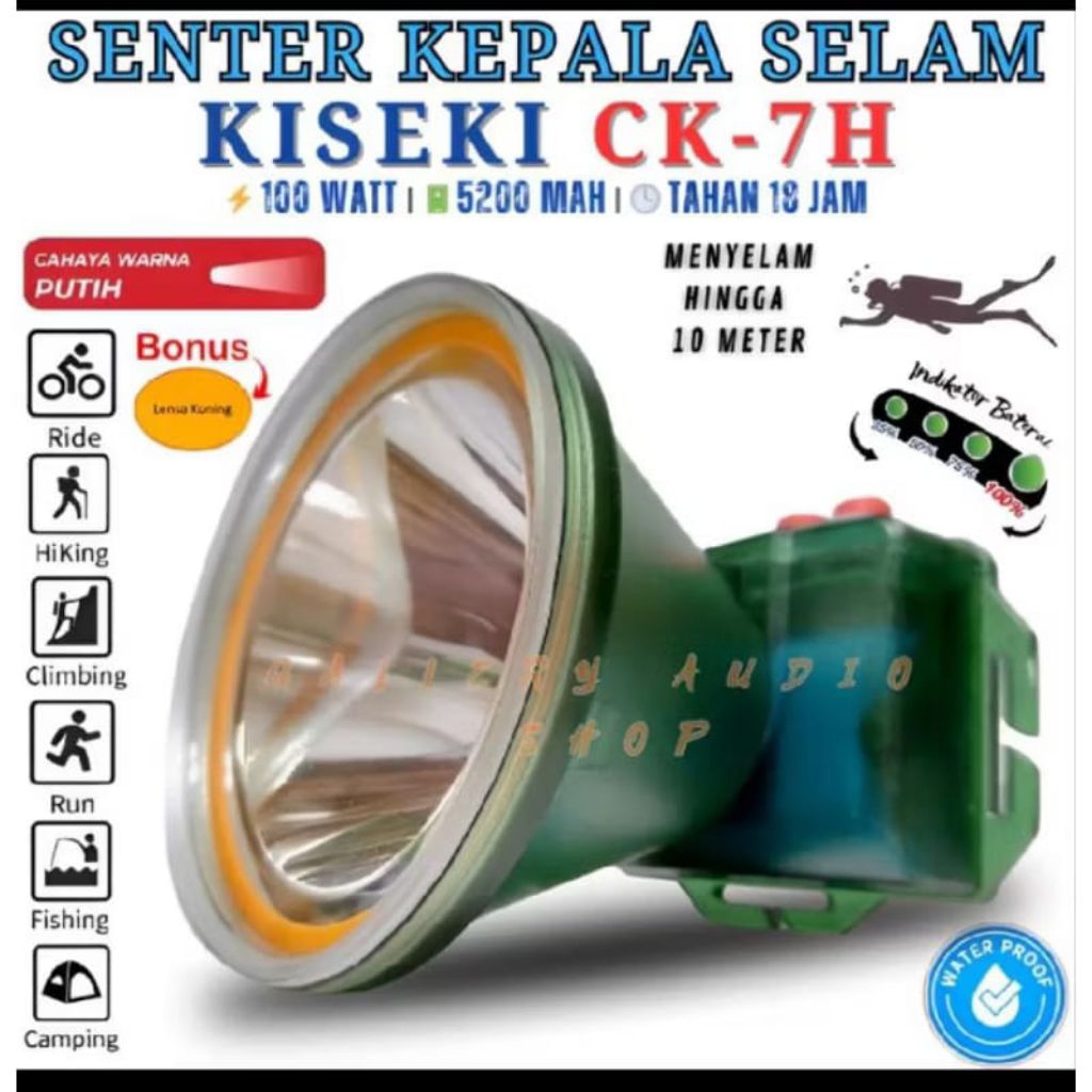 senter kepala KISEKI CK-7H cahaya putih bonus lensa kuning 100 Watt | senter kepala original 100 Wat