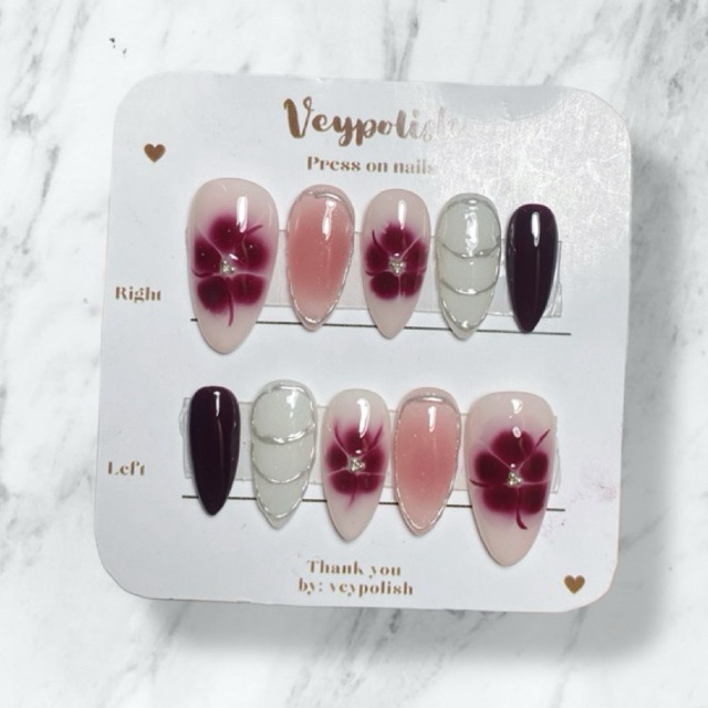 Veypolish | press on nails motif bunga pink maroon flower | custom presson size dan motif | fake nai