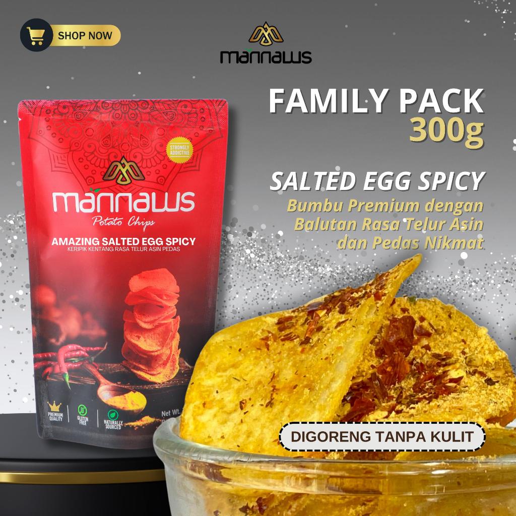 

Mannaws Potato Chips Snack Keripik Kentang - Ukuran Family Pack 300g - Amazing Spicy Salted Egg (Rasa Telur Asin Pedas)