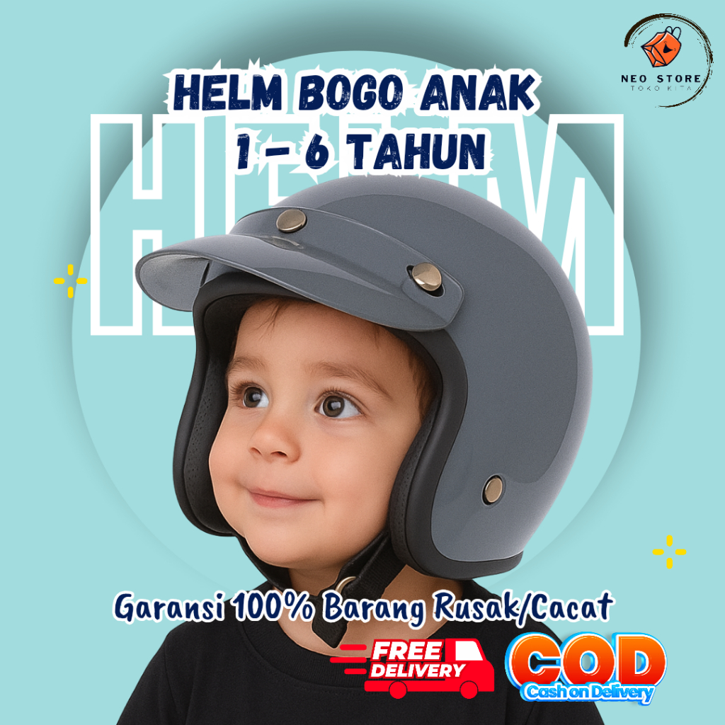 Helm Anak Bogo Retro SNI 1–6 Tahun – Helm Motor Balita Cowok Cewek Lucu, Aman Nyaman & Awet