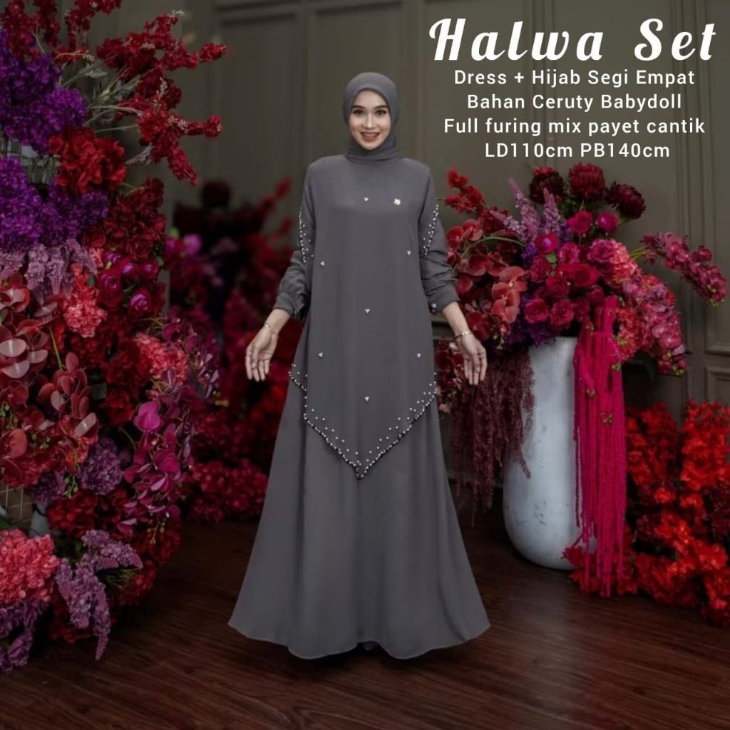 HALWA SET DRESS CERUTY + HIJAB SEGI EMPAT READY SIAP KIRIM