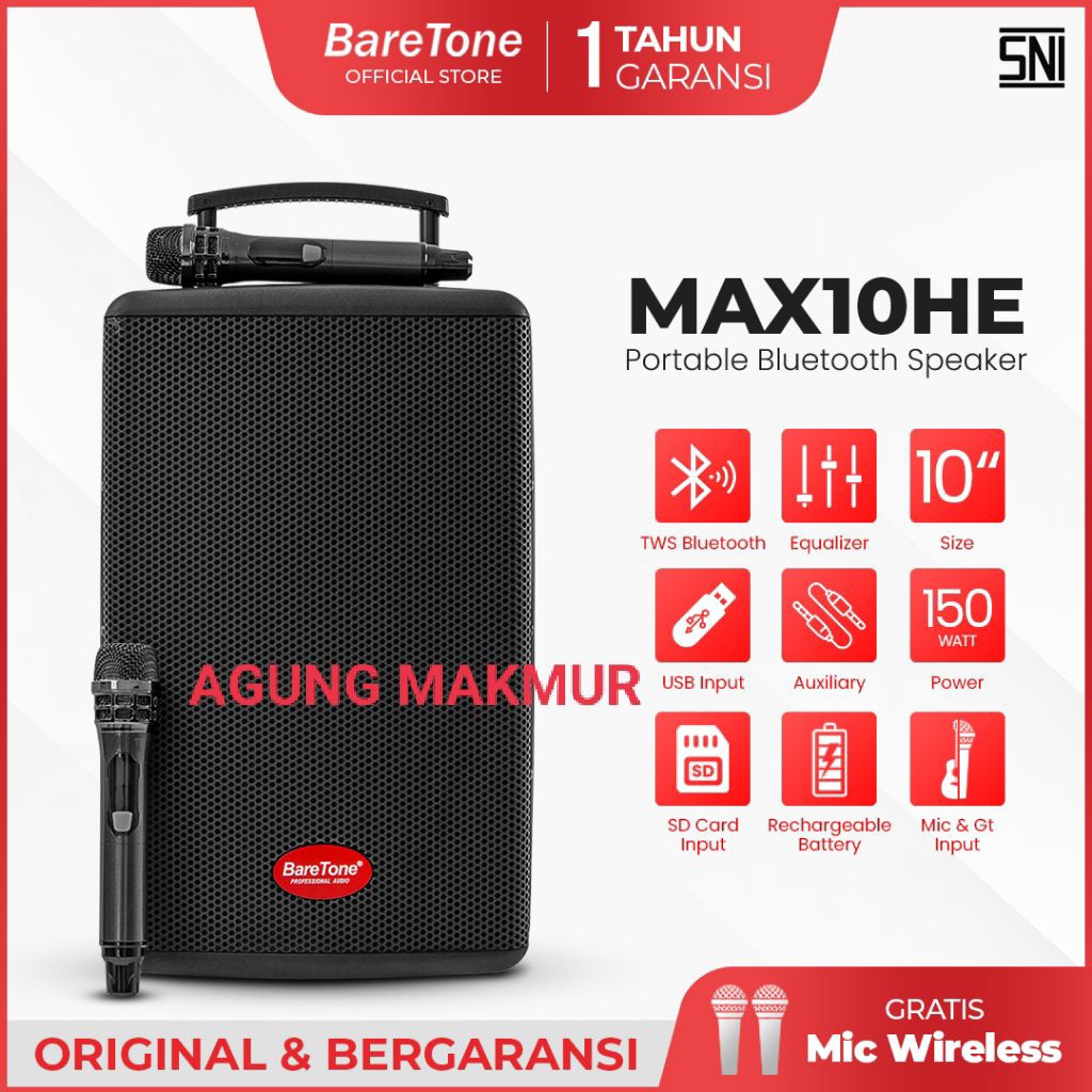 Speaker Portable Baretone MAX10HE 10 inch Original Plus Microphone - Speaker Baretone 10 inci Max10h
