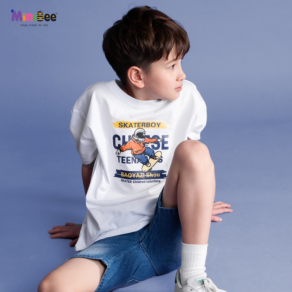 MiniBee - Kaos Anak | Kaos Anak Laki-Laki Motif Skateboard Warna Cream – Gaya Korea Oversize | Kunin