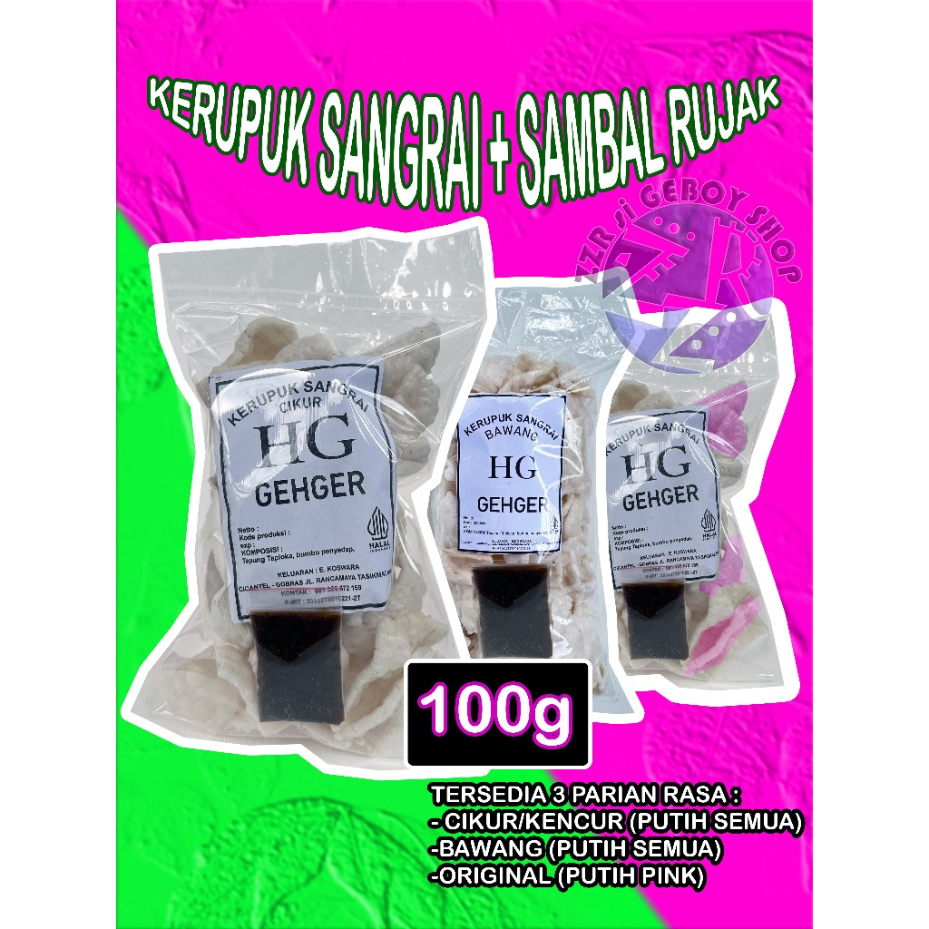 

HG Gehger Kerupuk Sangrai 100gr + SAMBAL PETIS, Camilan Snack Gurih Renyah Pasir Laut Cikur Bawang Makanan Jadul
