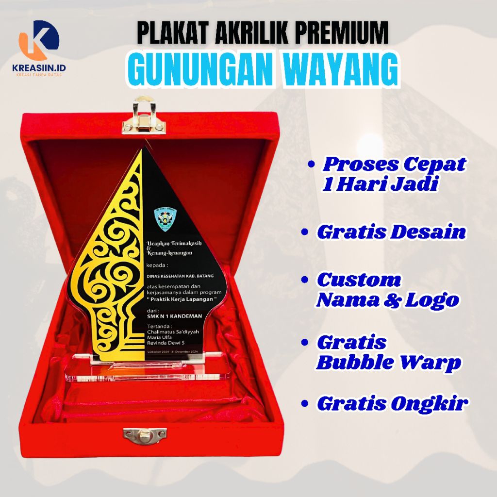 Plakat, Plakat gunungan wayang custom, plakat wayang, plakat akrilik custom, plakat murah