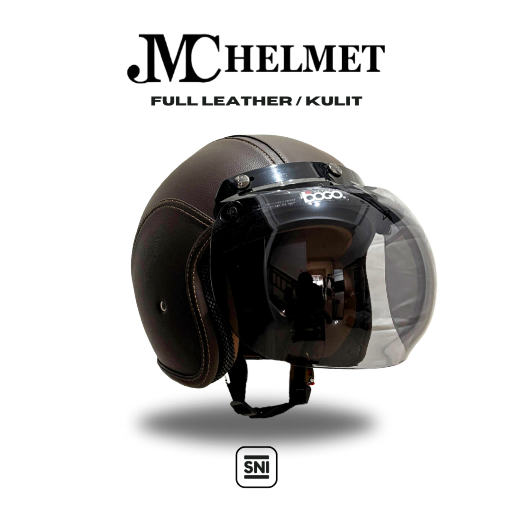 Helm Bogo Retro Dewasa Full Leather/Kulit Cokelat Tua Menyeluruh With Kaca Bogo Original SNI PREMIUM