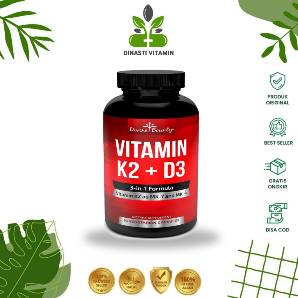Divine Bounty Vitamin K2 + D3 Formula 3 In 1 (MK 7 + MK 4) Isi 90 Capsules Original USA