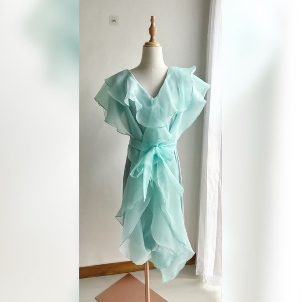 dress pesta semi kebaya organza hijau mint size L