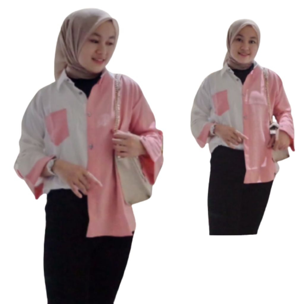 Kemeja Wanita Atasan Blouse Casual Polos Kombinasi Warna Lengan