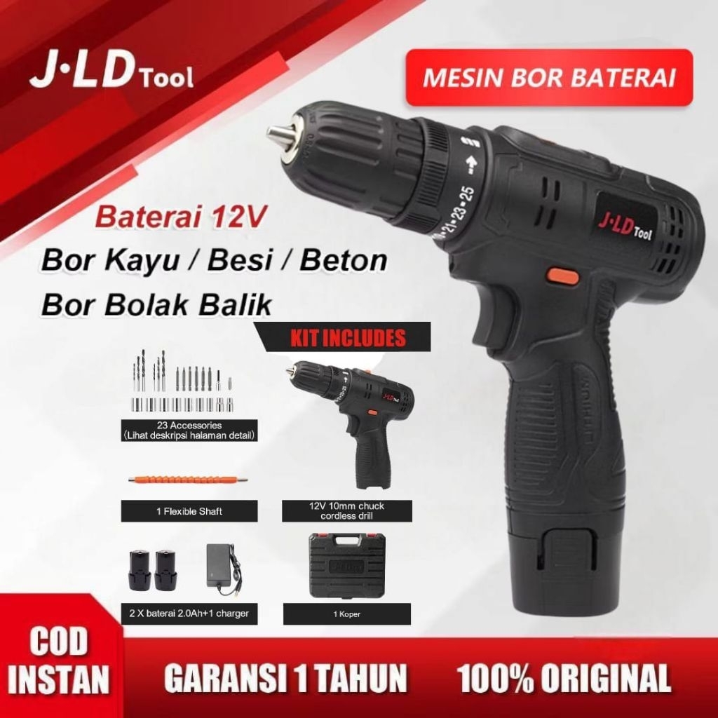 JLD 12Vf Mesin Bor Baterai Murah Berkualitas Bor Cas Jld Bor Case 2 Batre Fullset Portable 25+1 Cord