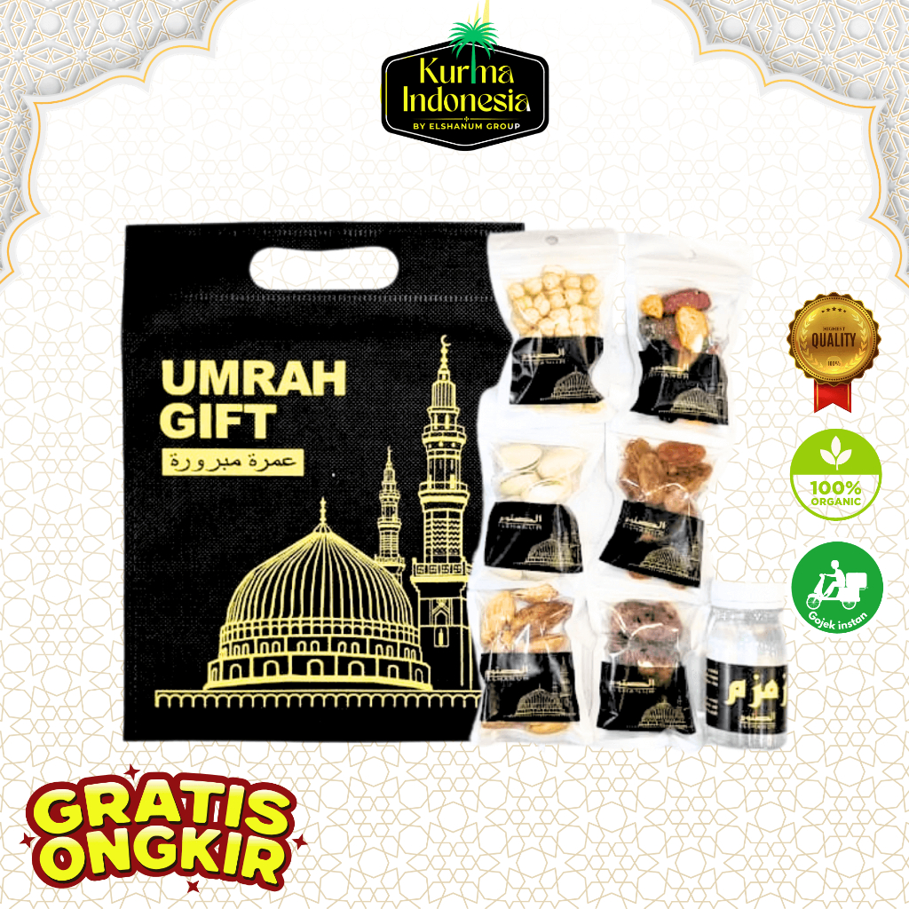 

Paket Gift Oleh-oleh Haji dan Umroh Isi 7 macam Kacang arab Air zam-zam Kismis Kurma Pistachio Almond / Kurma Indonesia