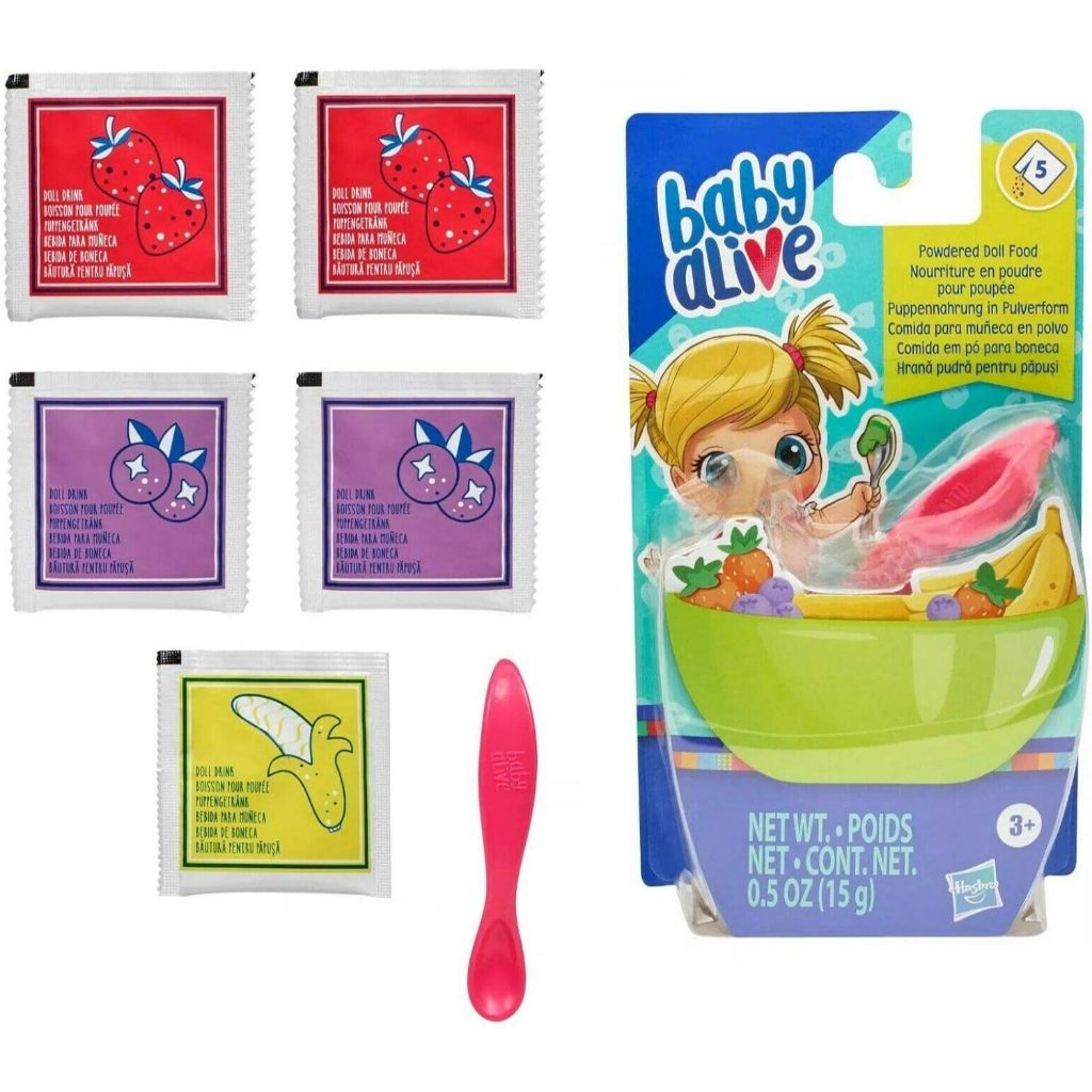 BABY ALIVE POWDERED DOLL FOOD REFILL, BABY ALIVE ACCESSORIES, 5 DOLL FOOD PACKETS, DOLL SPOON, BABY