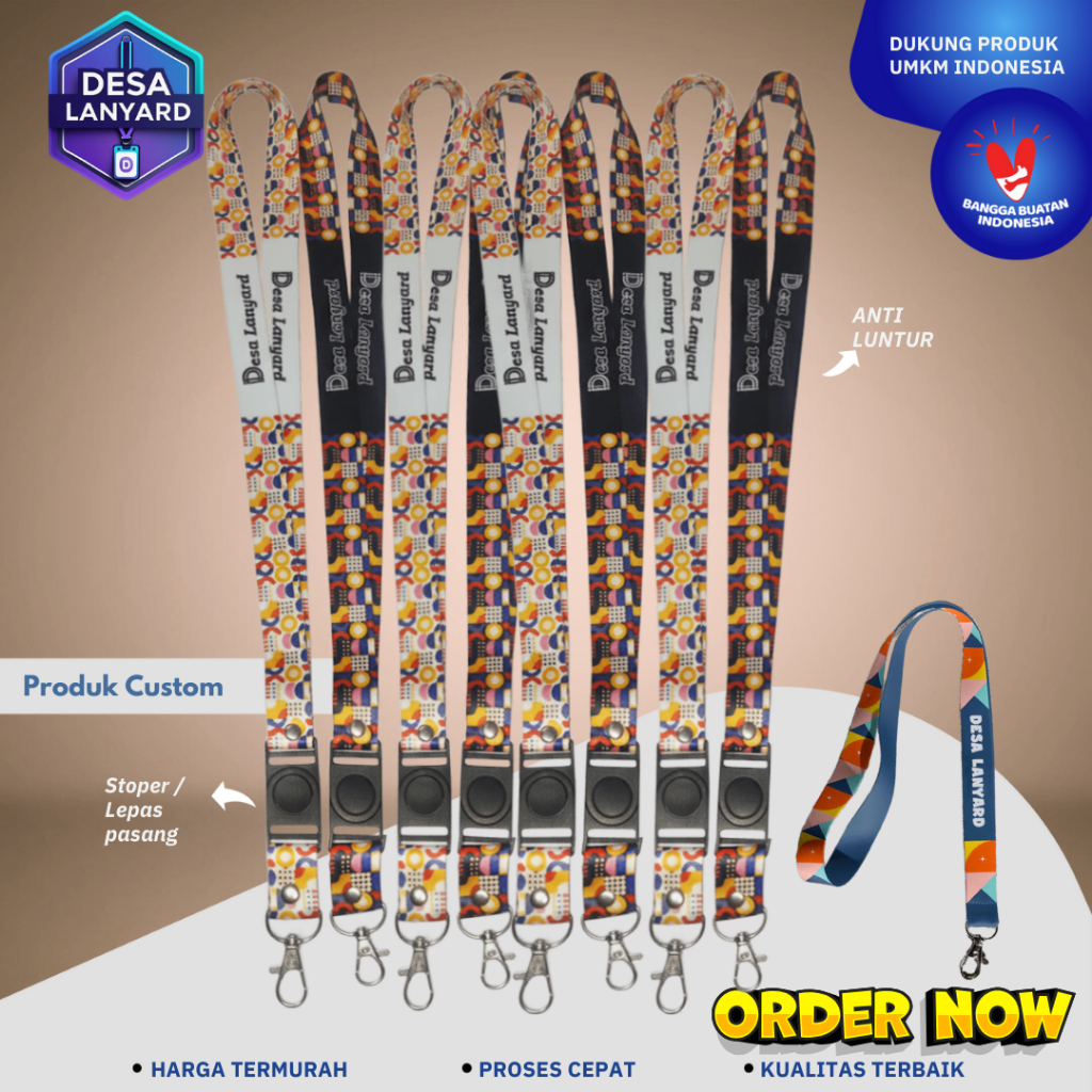 

Lanyard Custom Stoper 1 Sisi Full Print Kait Besi 2cm | Percetakan Tali id Murah - Desa Lanyard