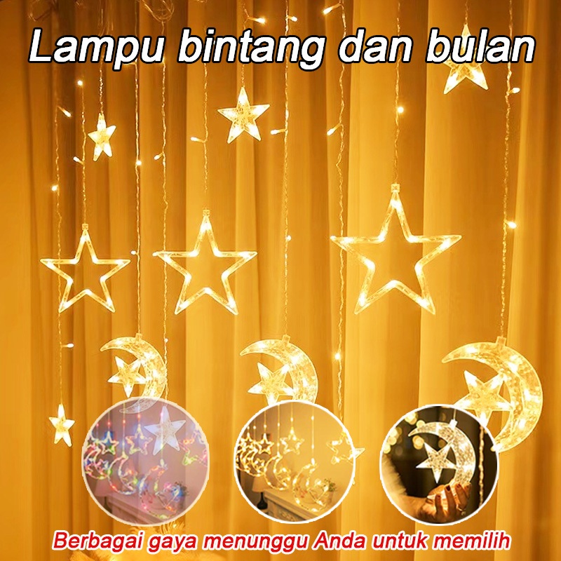 Lampu Hias Natal Lampu Kelap Kelip Lampu Hias Ramadan 5m Baru 2025 Lampu Tirai LED Bintang Bulan Lam