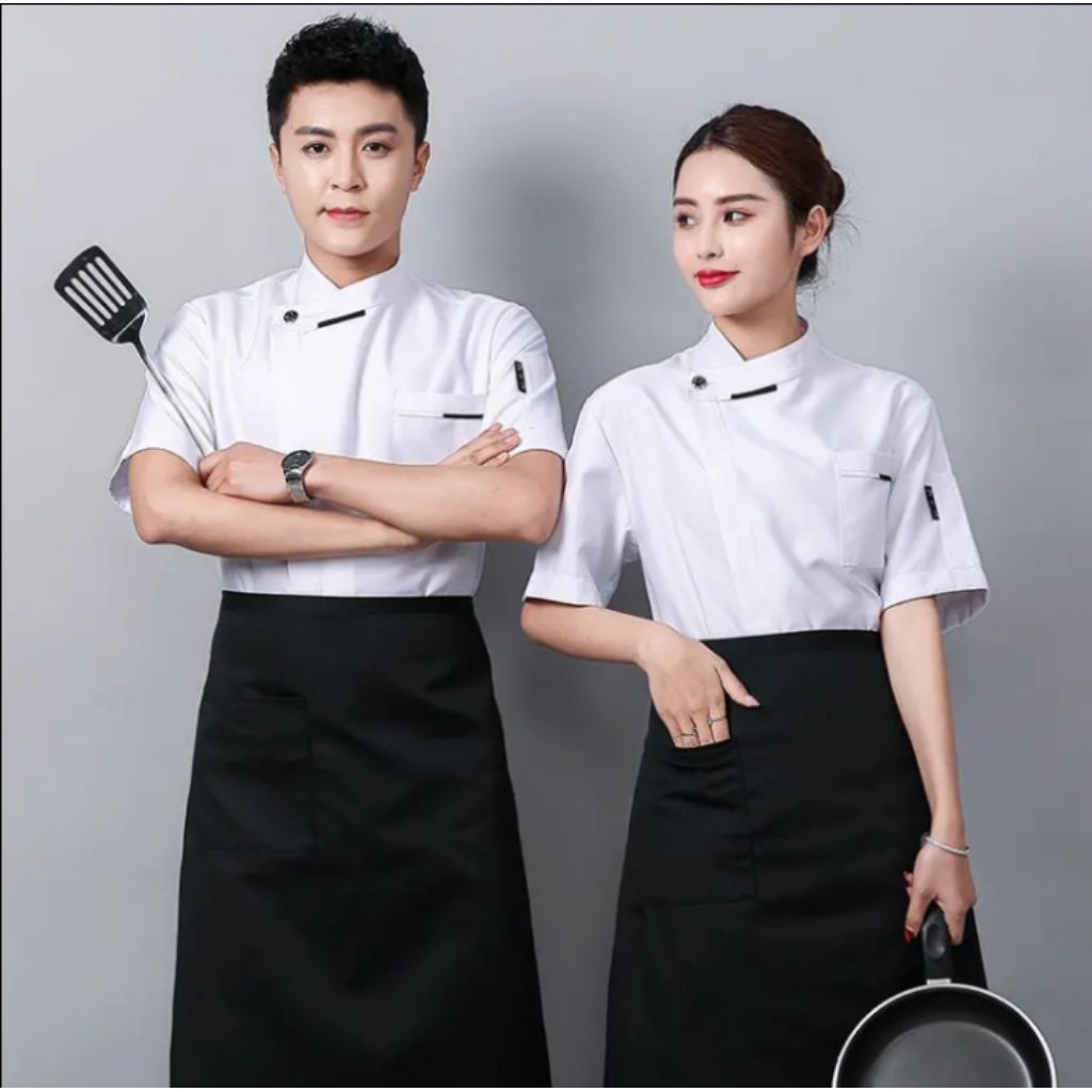 baju chef lengan pendek pria wanita seragam koki