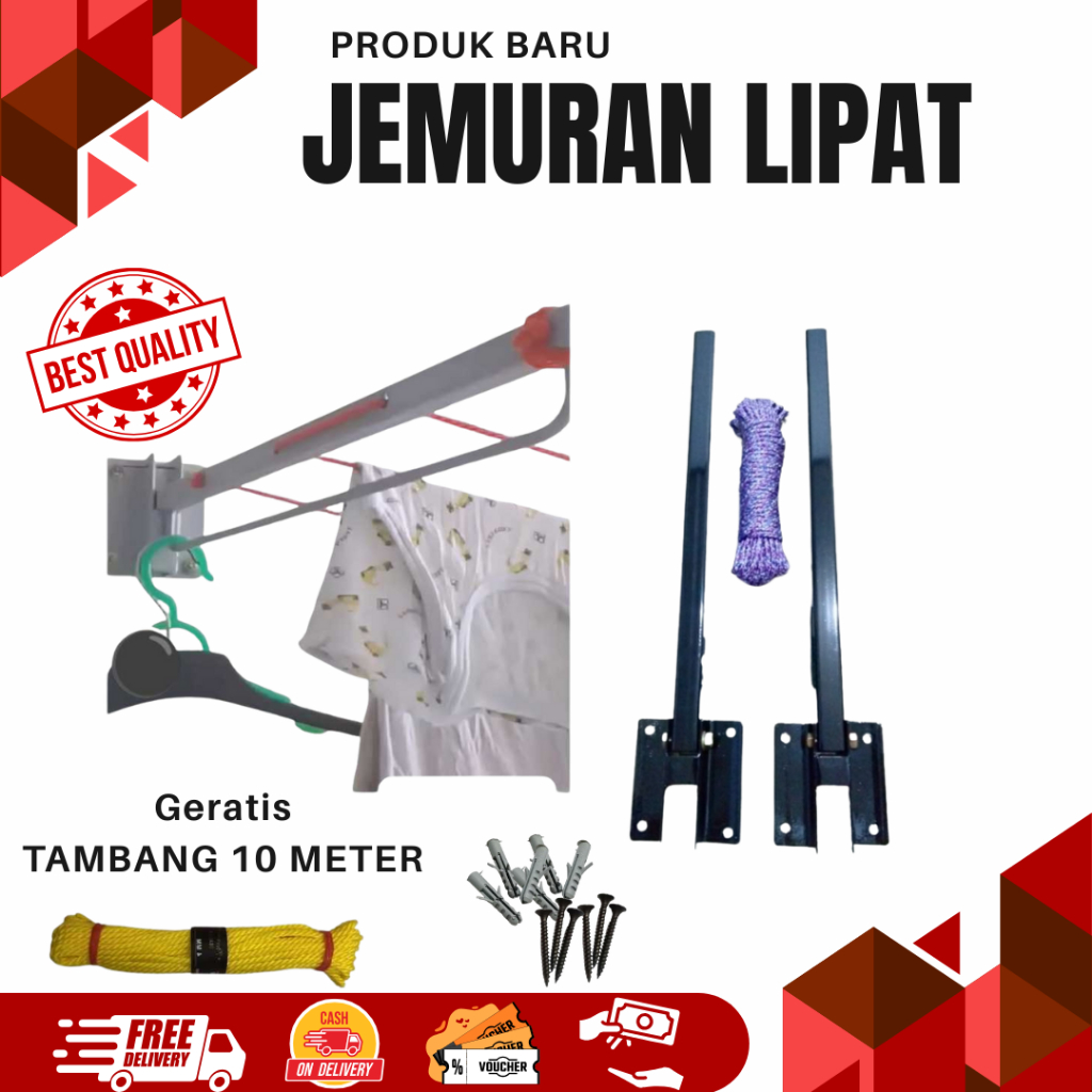 Jemuran Dinding Lipat Praktis(2pcs)4 Baris dan Bonus Tali Khusus 10 M / Jemuran Lipat Dinding