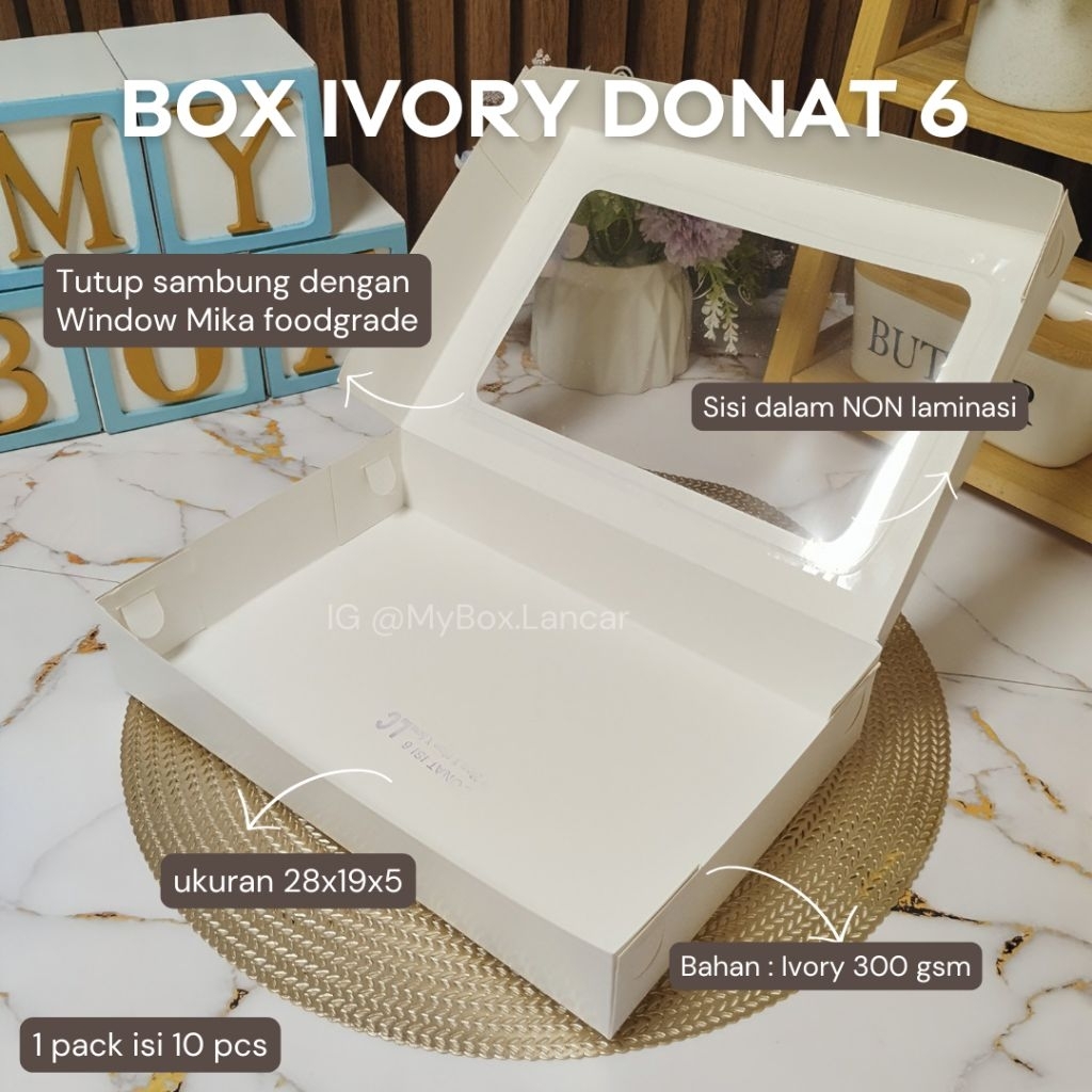 (10 Lembar) Box Donat Ivory Putih Window Mika , Dus Donat, Kotak Donat, Kemasan Donat Isi 6 Tutup