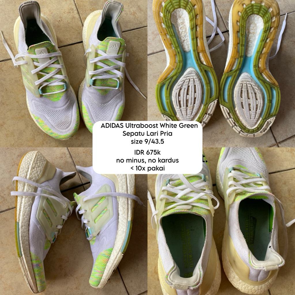 ADIDAS Ultraboost White Green Sepatu Lari Pria size 9/43.5 Preloved