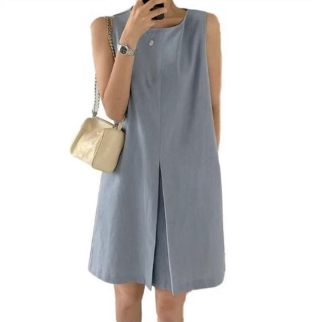 NBU Ezola Midi Dress basic Korea Tanpa Lengan Matt Linen All Size GREY