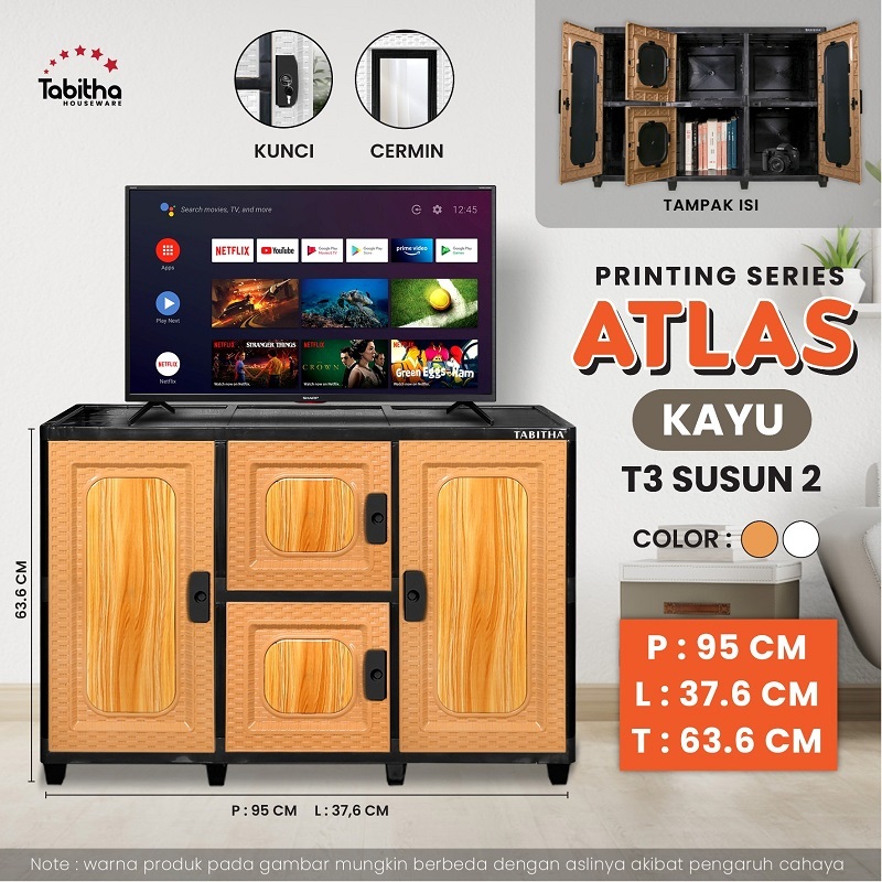 TABITHA Lemari Plastik Serbaguna Motif Kayu Rak TV Tempat Penyimpanan TV