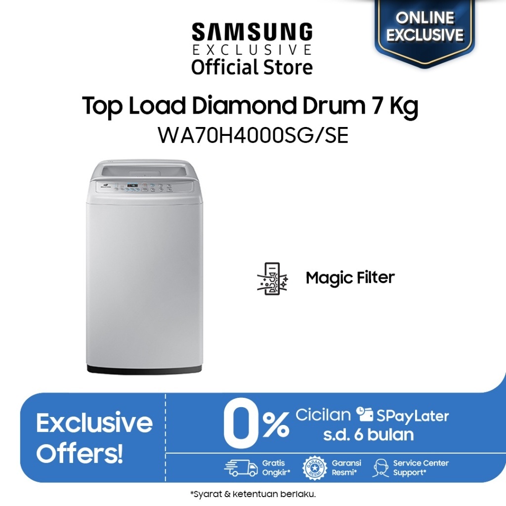 [Online Exclusive] Samsung Mesin Cuci 7Kg Top Load Diamond Drum| Magic Filter | WA70H4000SG/SE