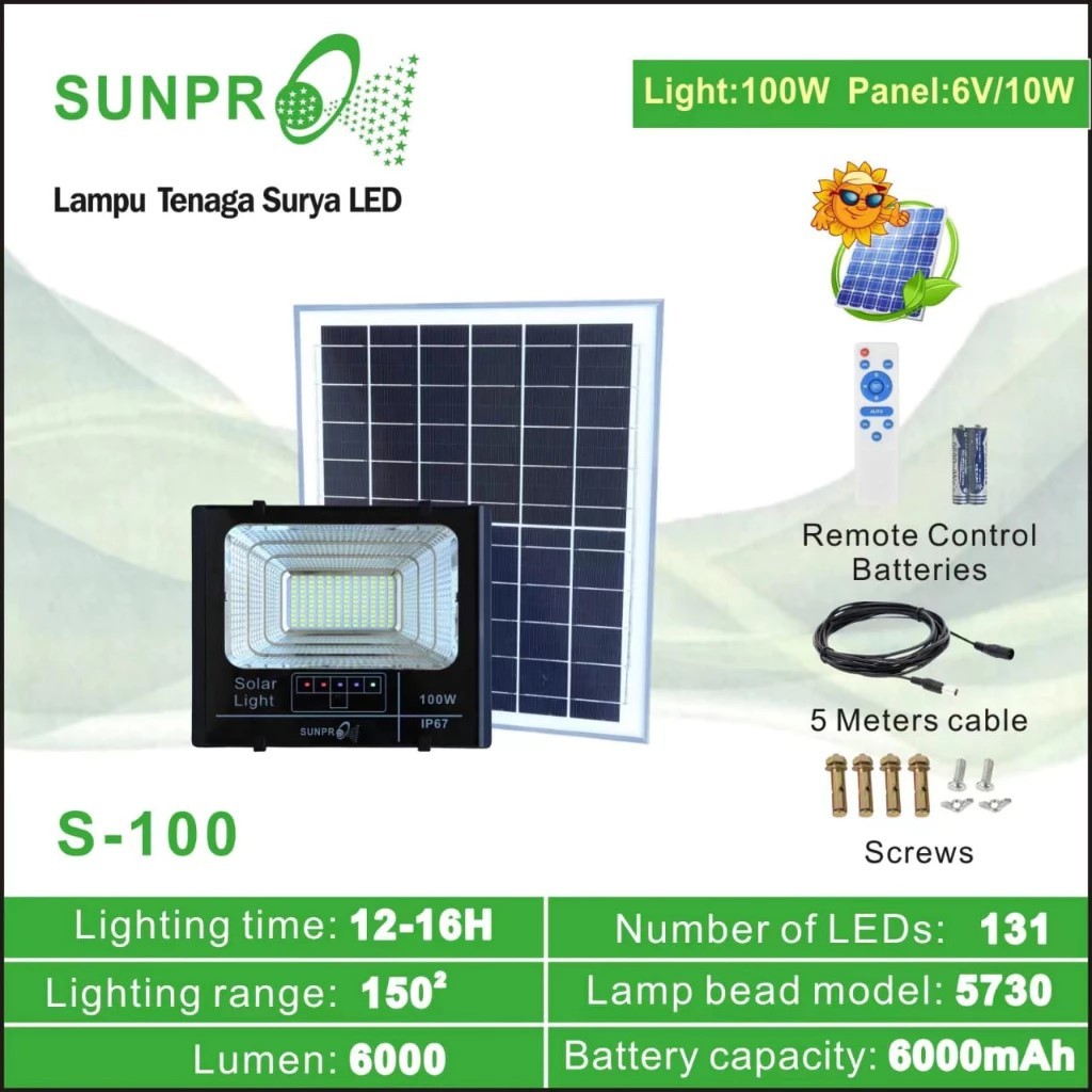 LAMPU TENAGA SURYA SOLAR LIGHT 100W SUNPRO IP67 SOLAR LAMP WATERPROOF / SUNPRO IP67 LAMPU TAMAN