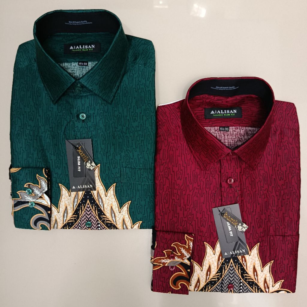 LENGAN PANJANG Alisan Batik Printing Motif Daun Toska/Maroon Slimfit