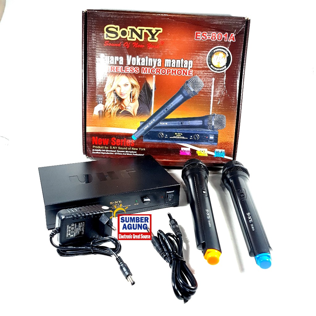 Mic SONY ES-801A UHF Microphone Charger Double Wireless Led WADAH KARDUS Isi Dua Mic Mikropon Tanpa 