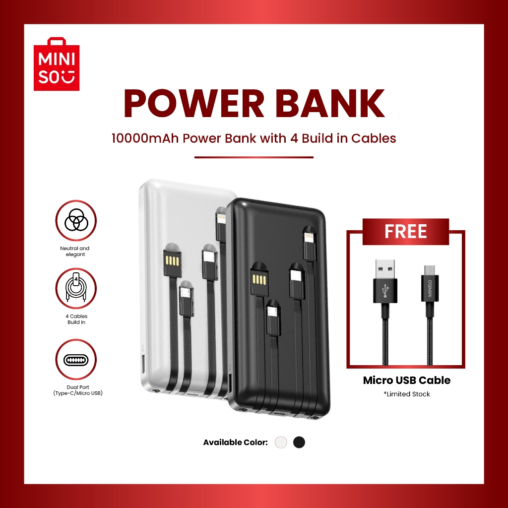 MINISO Powerbank 10000 mAh Portabel Mircro Type-C 2 USB Output Charger Port Power Bank