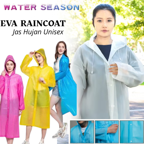 Jas Hujan EVA MOUSON Ponco Plastik Lengan Panjang Bertudung Hoodie Terusan Kancing Modis Unisex