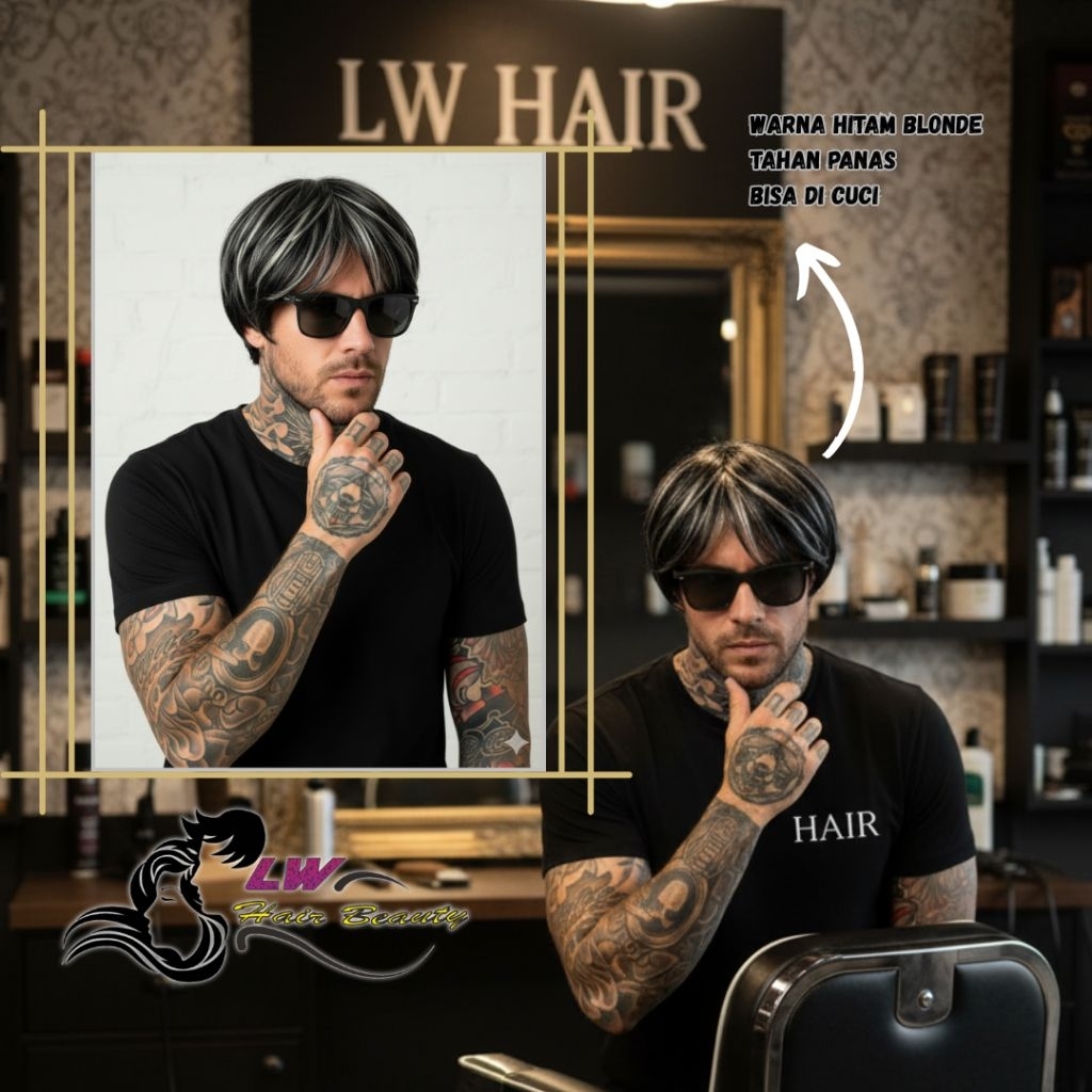 Wig Pria Highlight Pirang Korean Style / Rambut Palsu Pria Pendek Trendy