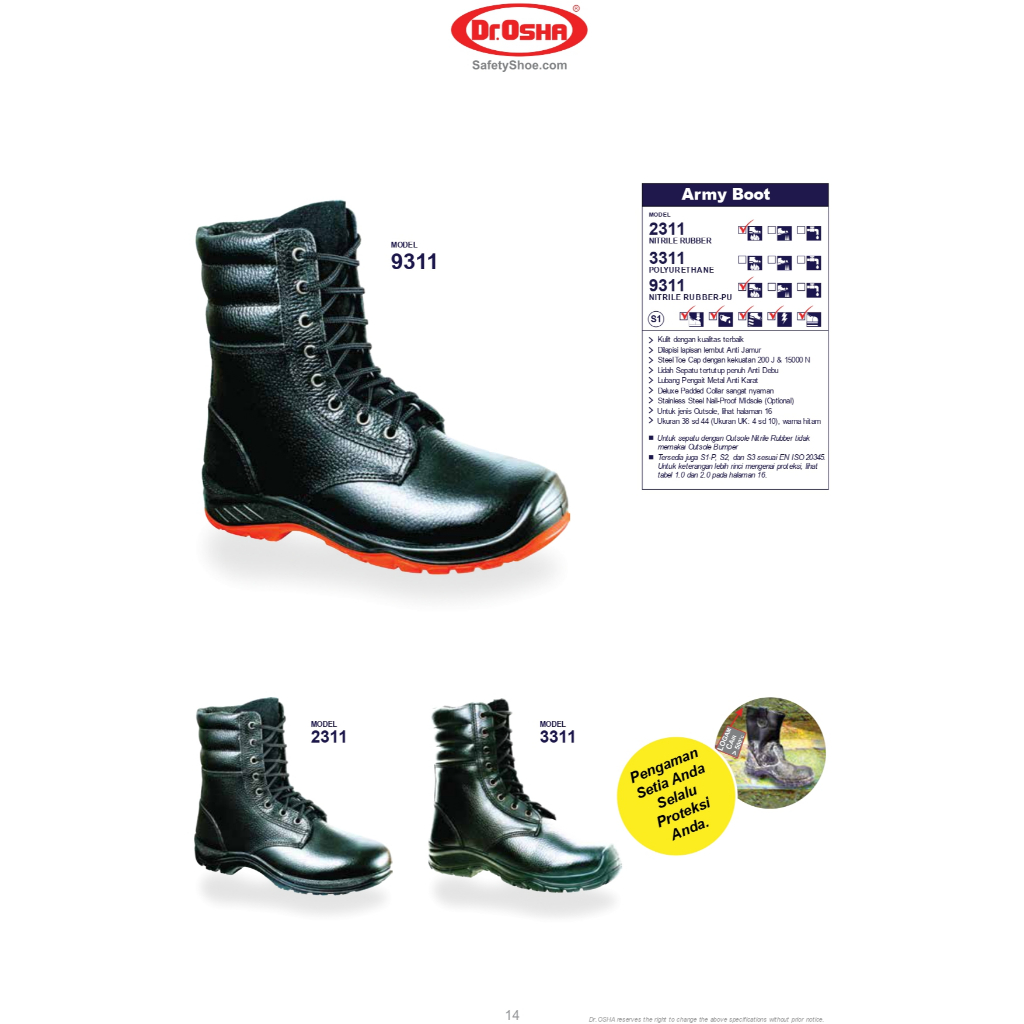 SEPATU DR. OSHA ARMY BOOT SAFETY SHOES TYPE 2311, 3311 dan 9311 PRIA