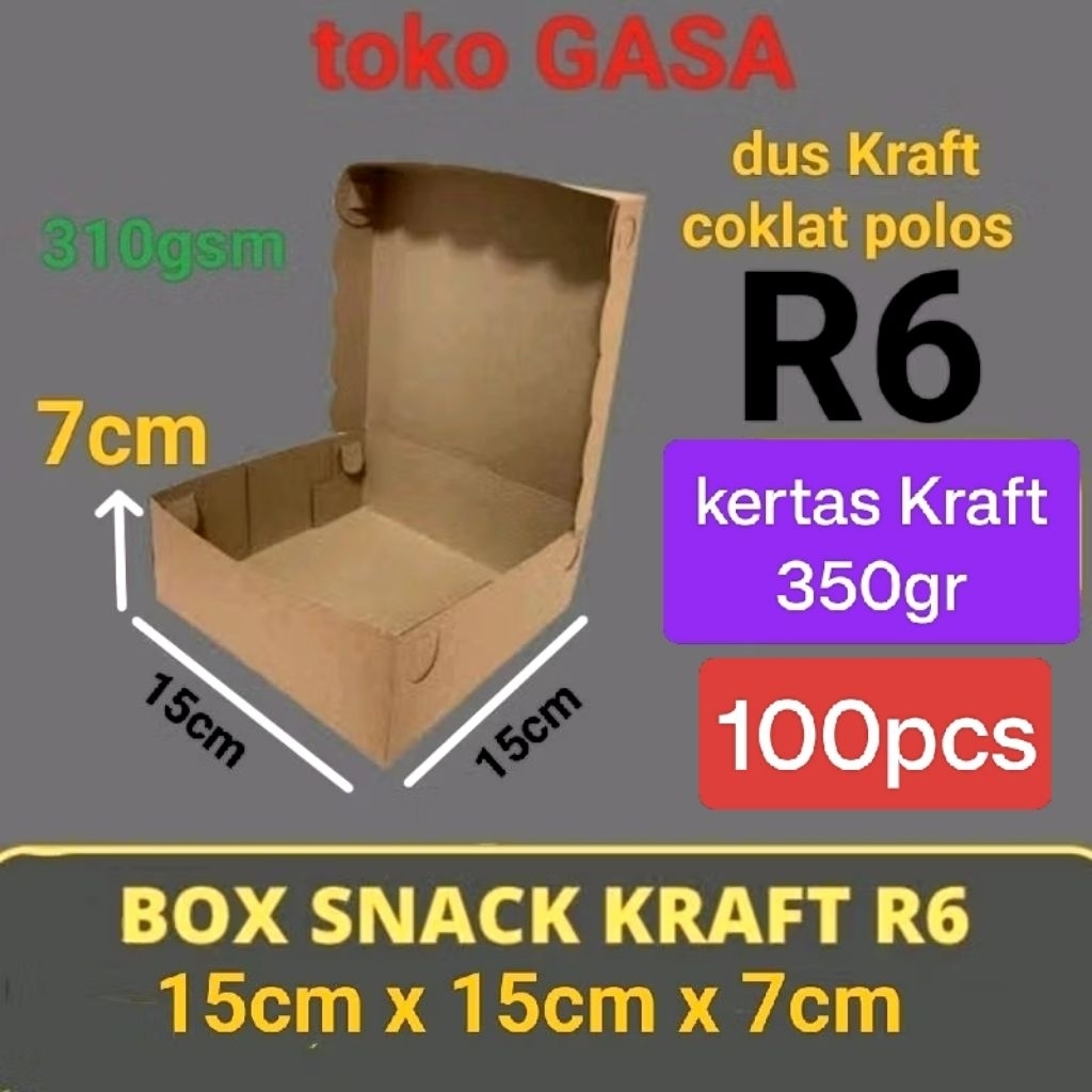 100pcs R6 kerdus coklat dos kraft R6 kue jajan roti ukuran 15x15x7 coklat polos /DOS box kue isi 6 /