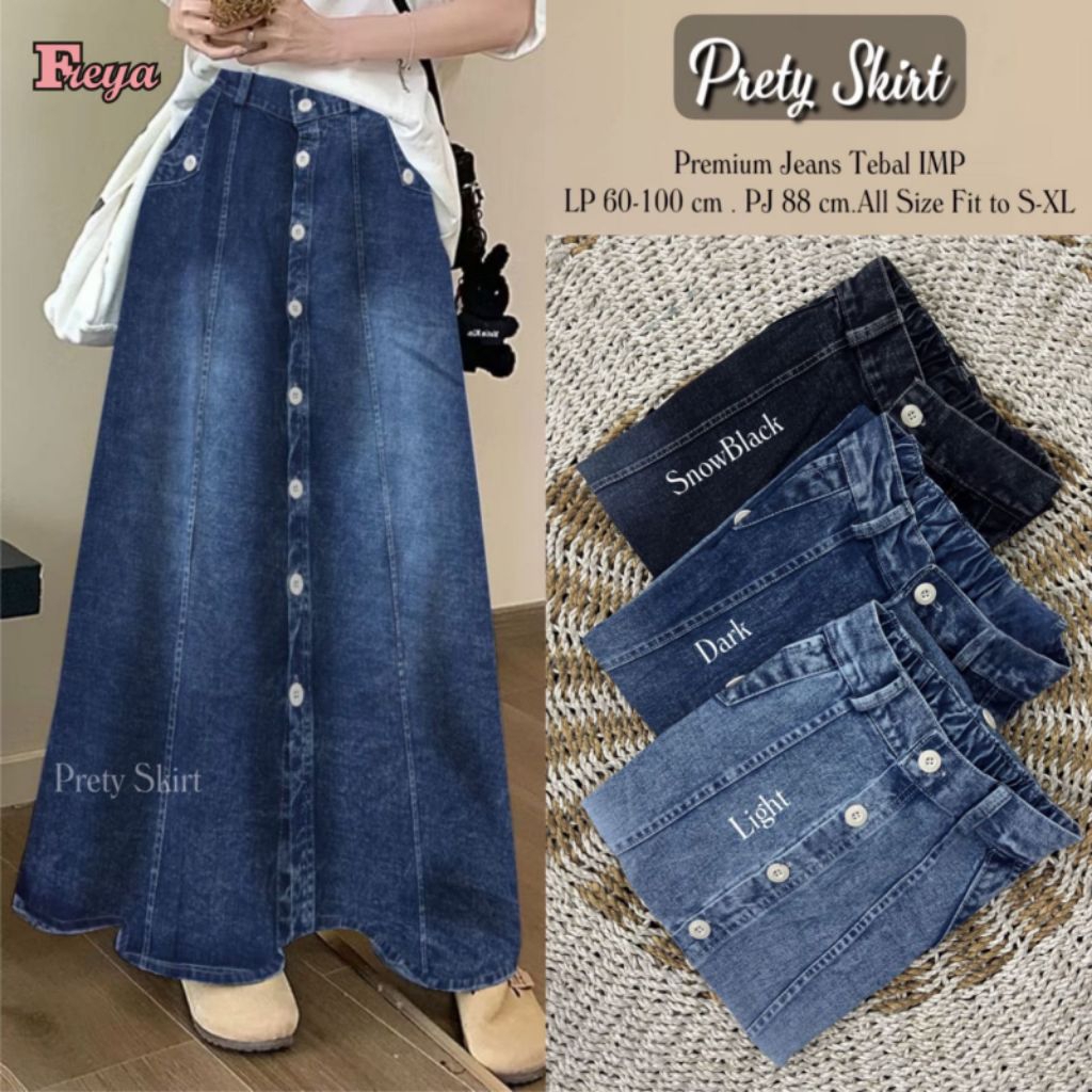 Prety Skirt / Nessie Rok Jeans Ori By Freya Athaya // Rok Jeans Wash Wanita Dewasa Variasi Kancing D