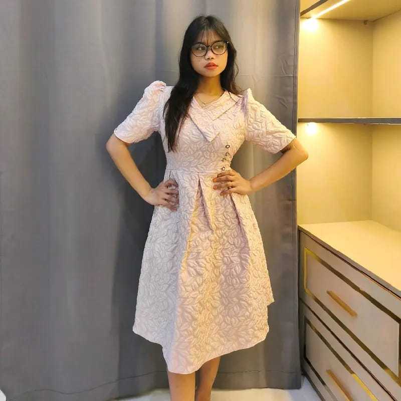 New Arival Midi Dress Gaun Wanita Jacquard Emboss Tunik Elegan Pesta Gereja Mewah Baju Dress Jumbo D