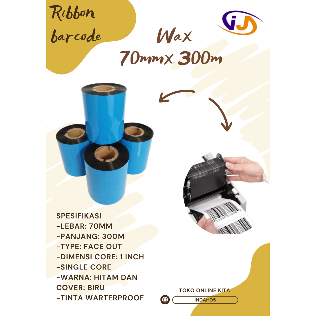 Ribbon Barcode Wax / Sticker Ribbon / Wax 70mm x 300m Face Out