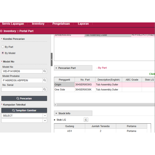 TABUNG PLASTIK BELAKANG MESIN CUCI LG WD-P1410RD6 ORIGINAL 3045ER0030G