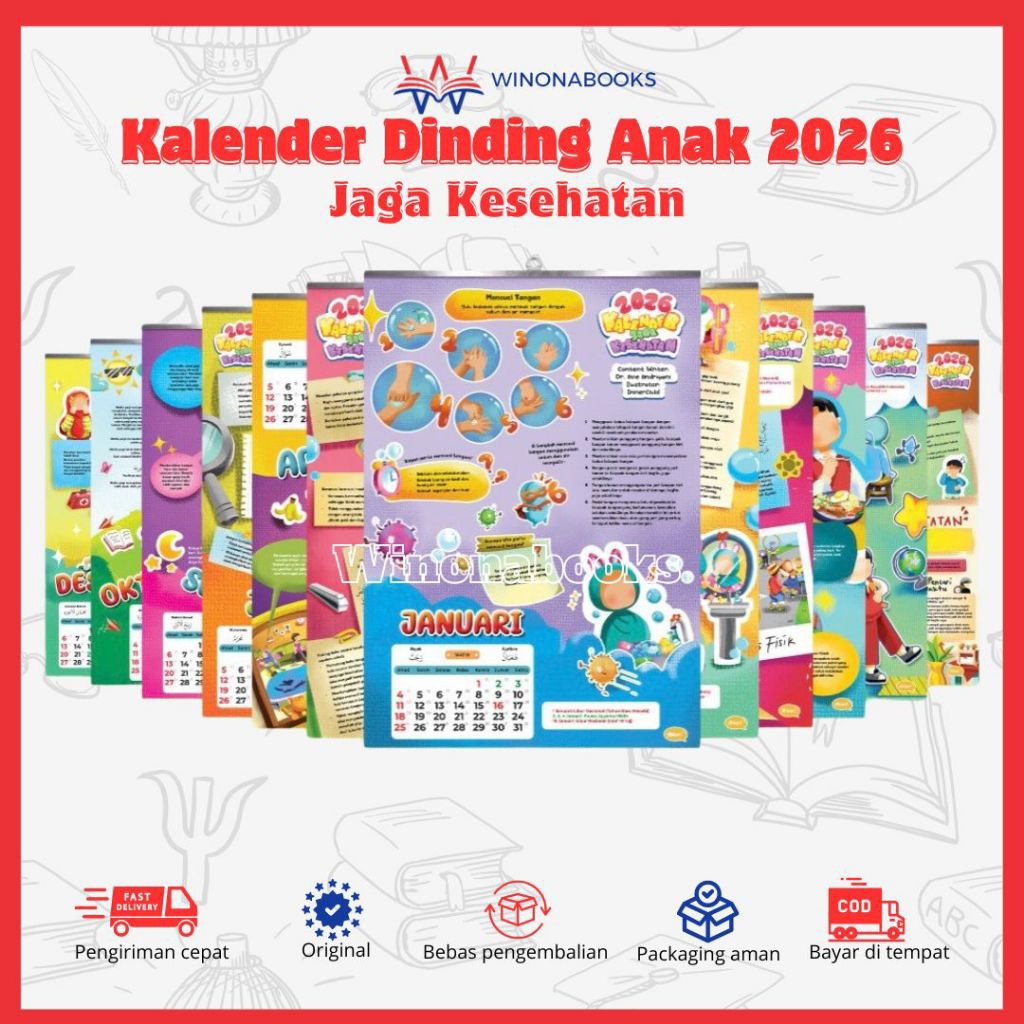 

Kalender Dinding Anak 2026 Jaga Kesehatan: kenalkan kebiasaan sehat dengan cara yang lebih seru dan penuh warna Bersama kalender ini~ Winonabooks × Ahlan