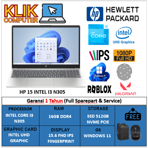 PROMO LAPTOP HP 15 INTEL I3 N305 16GB 512GB 15.6 FHD FP WIN11HOME SILVER