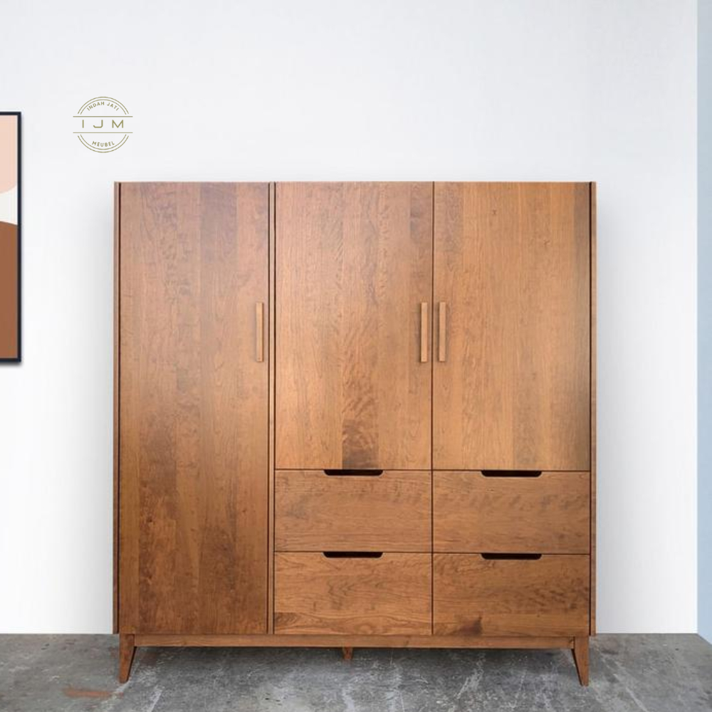 Almari Pakaian Modern 3 Pintu Kayu Jati Kuat Lemari minimalis custom kayu jati 3 pintu 4 laci, lemar