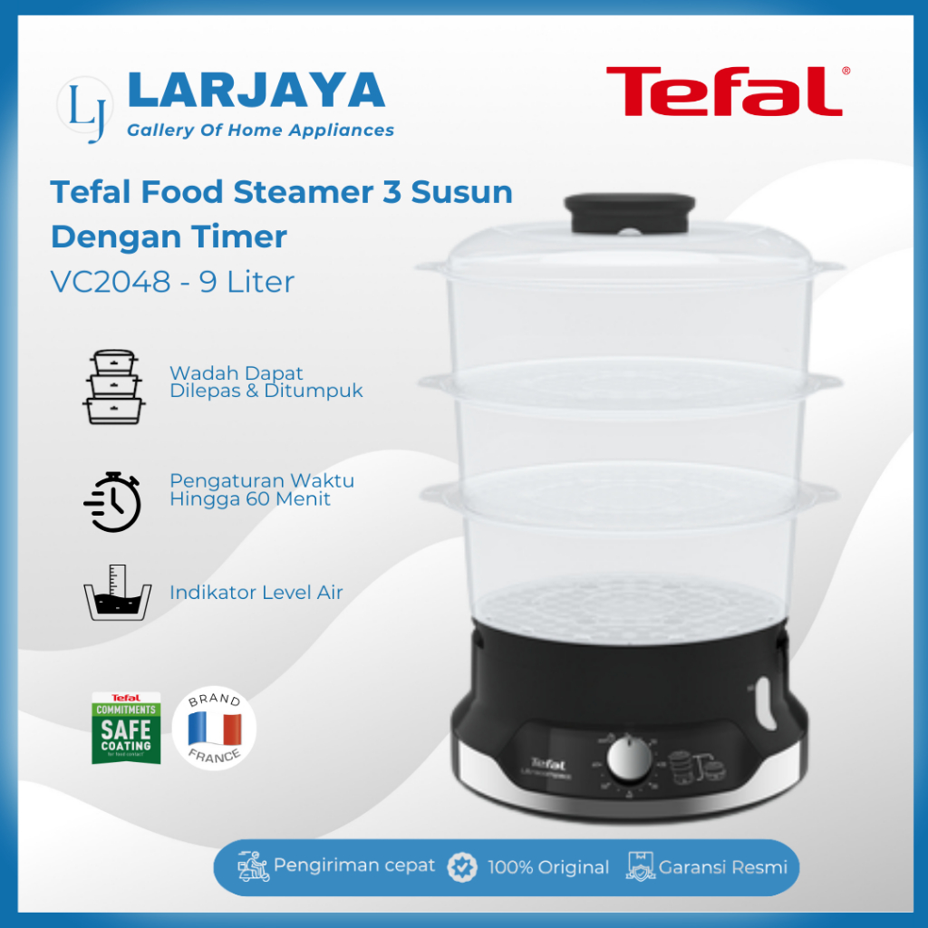 Tefal Food Steamer VC2048 Ultra Compact 9 Liter - Pengukus Makanan Listrik dengan 3 Wadah /Susun
